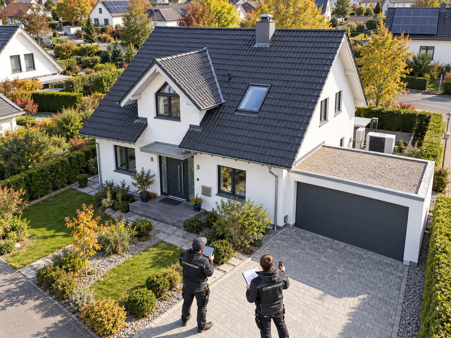 Techniker bei der Objektaufnahme vor einem Einfamilienhaus