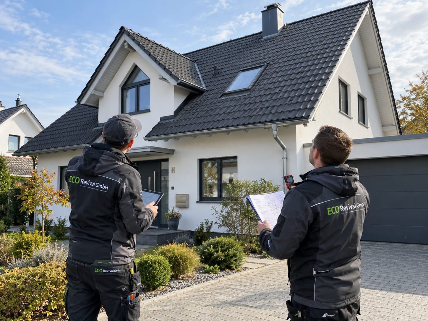 Techniker begutachten vor Ort die Dachfläche eines Einfamilienhauses