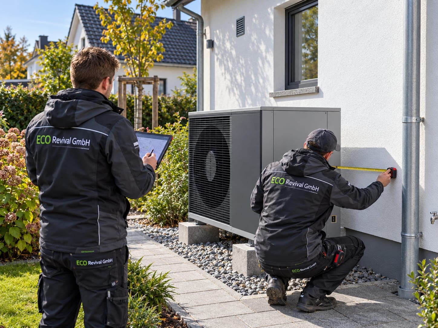 Techniker vermisst den Aufstellort einer Wärmepumpen-Außeneinheit